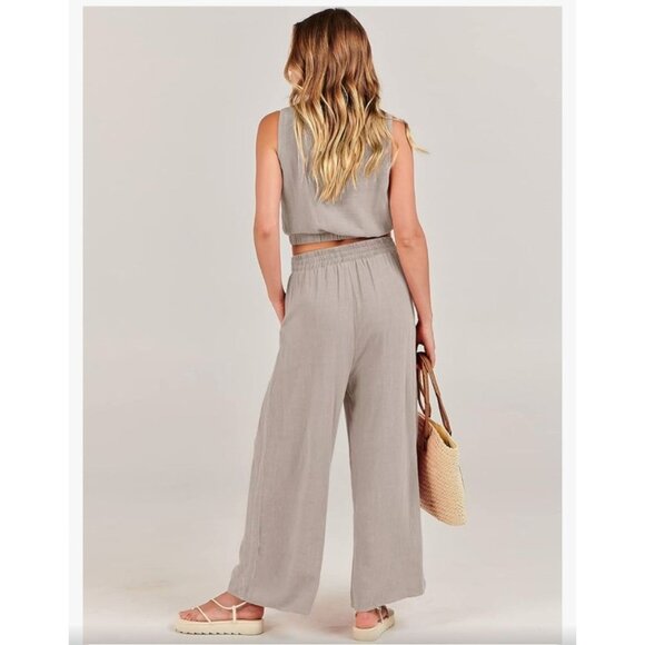 Anrabess Womens 2 Pc Crop Top & Wide Leg Pants Linen Jumpsuit Set Size M Casual - Picture 2 of 13